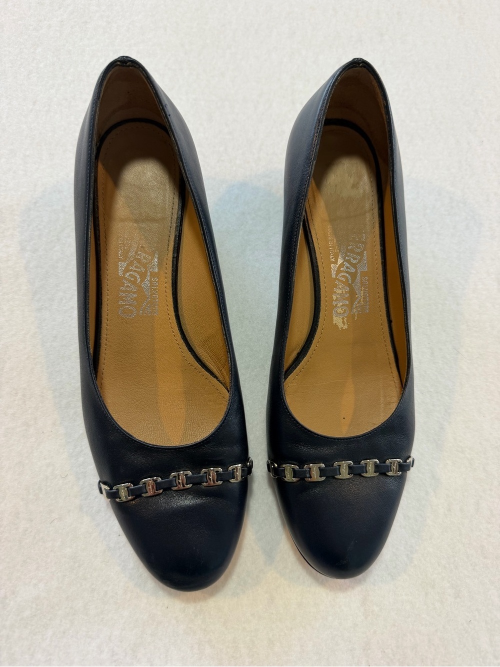 Salvatore Ferragamo Navy Leather Chain-Accent Pumps